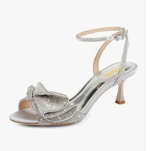 Milooey shoes Silver Glitter Rhinestone Bow Crystal Ankle Strap Mid Heel Sandal